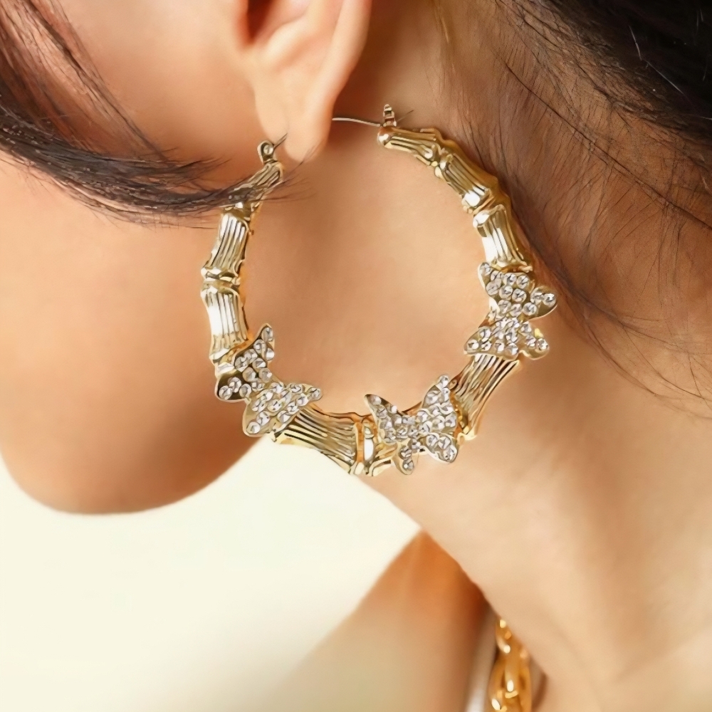 Large Gold Toned 3D Rhinestone Butterfly Textured Hoop Pierced Earrings